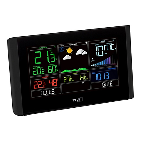 Digitale Wetterstation mit farbigem Display zeigt Innen- und Außentemperaturen, Luftfeuchtigkeit, Winddaten und Prognose.