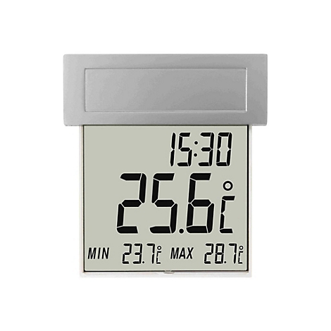 Digitales Thermometer mit Uhrzeit und Min/Max-Temperaturanzeige vor weißem Hintergrund.