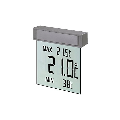 Digitales Fensterthermometer mit Anzeige für aktuelle, maximale und minimale Temperatur auf Glasfläche.