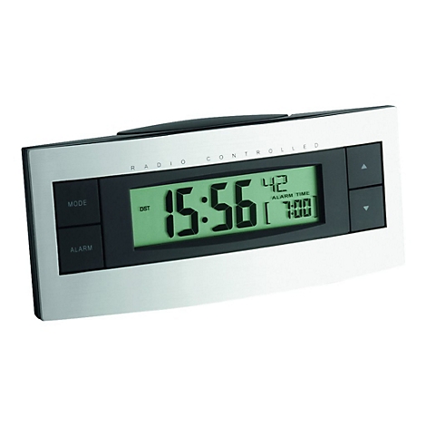 Digitaler Funkwecker in Silber mit schwarzem Display und Tasten für Modus, Alarm und Einstellung.