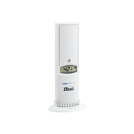 Weißer, schlanker Funk-Hygro-Sender für den KLIMA LOGG pro mit LCD-Display zeigt 42 Prozent Luftfeuchtigkeit.