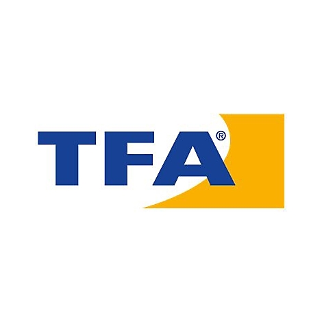 Blaues Firmenlogo TFA vor einem gelben, geschwungenen Hintergrund.