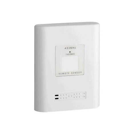 Ein weißer, rechteckiger Thermo-Funksensor mit 433 MHz und Lüftungsschlitzen vor weißem Hintergrund.