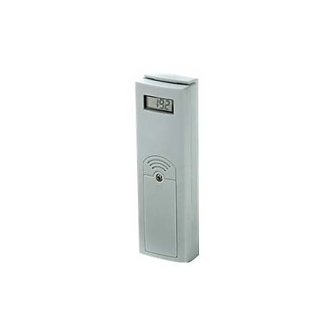 Ein hellgraues, schmales, rechteckiges Thermometer mit Digitalanzeige, die 19,2 anzeigt.