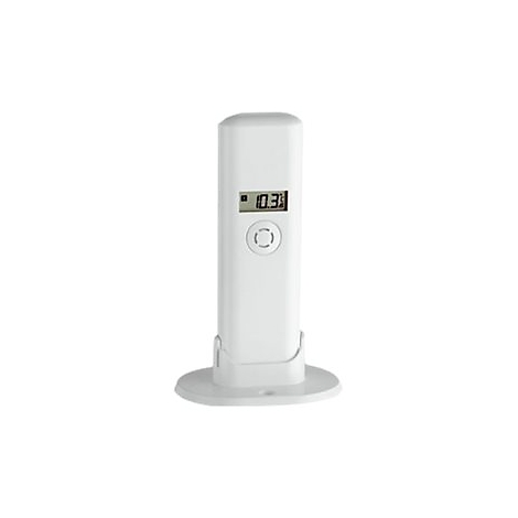 Ein weißes, aufrechtes Digital-Thermometer auf einem runden Standfuß vor weißem Hintergrund.