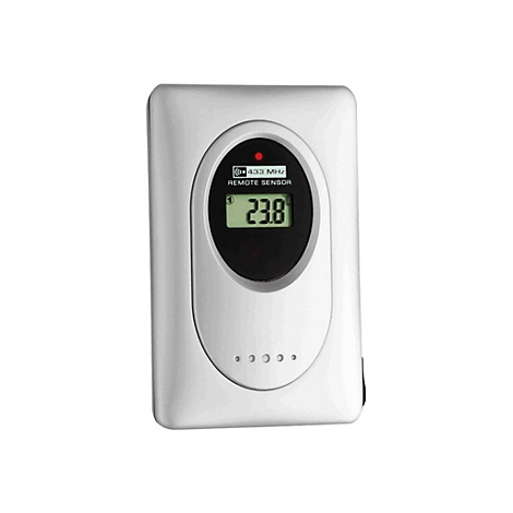 Ein weißer, rechteckiger Außensensor mit Digitalanzeige, die 23,8 Grad anzeigt, und roter LED-Kontrollleuchte.