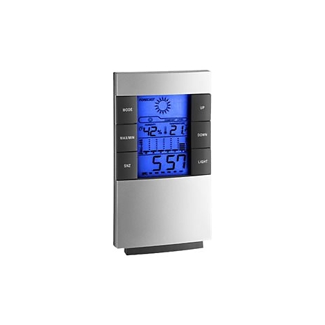 Digitales Hygrometer mit blau beleuchtetem Display und Bedienelementen an den Seiten.
