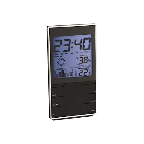 Digitales Wetterstation-Display mit Uhrzeit, Feuchtigkeit, Temperatur, Datum und Tasten an einem grauen Rand.
