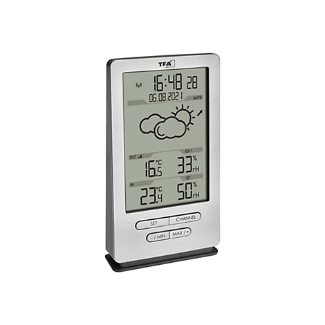 Digitale Wetterstation TFA mit Display für Innen- und Außentemperatur sowie Luftfeuchtigkeit.