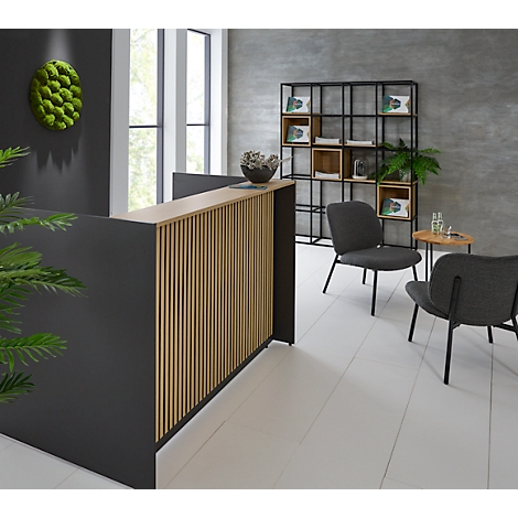 Moderne Rezeption mit Holzlamellen, dahinter Sitzgelegenheiten. Im Hintergrund ein grünes Wandbild und ein Bücherregal.