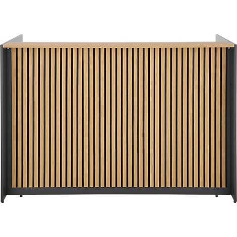 Beige Holzpaneele mit vertikalen schwarzen Linien, grauer Rahmen und obere Platte.