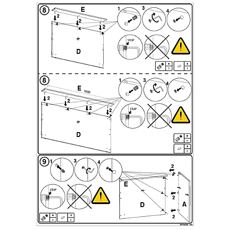 Montageanleitung in drei Schritten mit Pfeilen, Schrauben-Icons und Warnsymbolen zur korrekten Installation von Bauteilen.