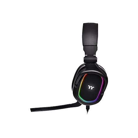 Schwarzes Gaming-Headset mit Mikrofon, beleuchtet durch RGB-Farben.