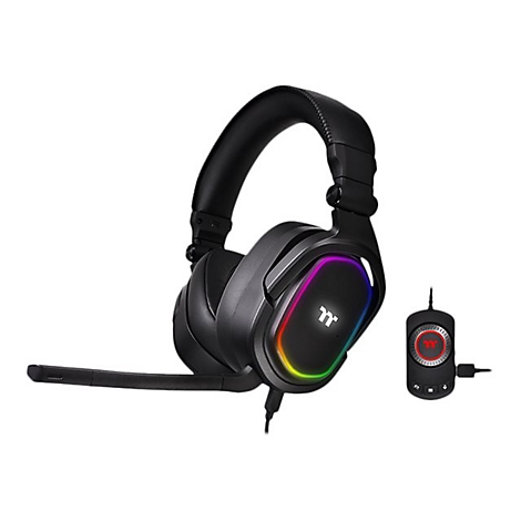 Schwarzes Gaming-Headset mit farbiger Beleuchtung und Mikrofon. Daneben ein Controller mit rotem Drehknopf.