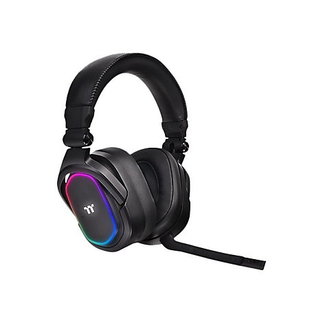 Schwarzes Gaming-Headset mit RGB-Beleuchtung an den Ohrmuscheln, einem Mikrofon und einem weißen Hintergrund.
