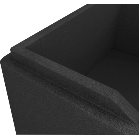Nahaufnahme einer schwarzen, strukturierten Box, die von oben betrachtet wird, mit sichtbarer Innenkante.