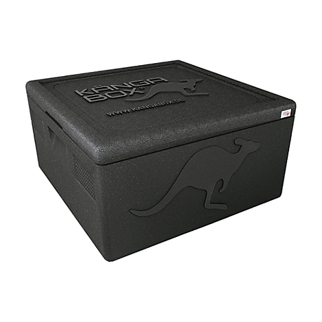 Schwarze Kanga Box, rechteckig, mit Känguru-Logo und Schriftzug. WWW.kangabox.com ist zu lesen.