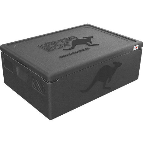 Schwarze isolierte Transportbox aus EPP mit Känguru-Logo und KANGA BOX Schriftzug auf dem Deckel.