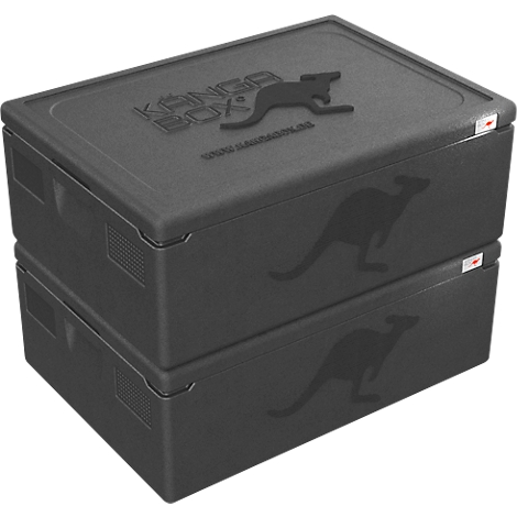 Zwei schwarze KANGABOX-Isolierboxen aus EPP mit Känguru-Logo, übereinander gestapelt vor weißem Hintergrund.