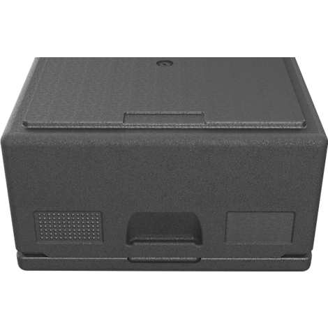 Eine dunkelgraue Isolierbox aus EPP mit glattem Deckel und seitlichen Griffmulden vor weißem Hintergrund.
