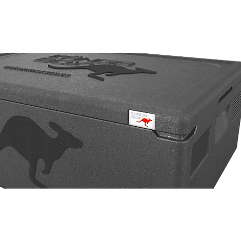 Schwarze Thermobox aus Hartschaum mit Kangaroo-Logo und weißem 'Kangaroo Box'-Etikett.