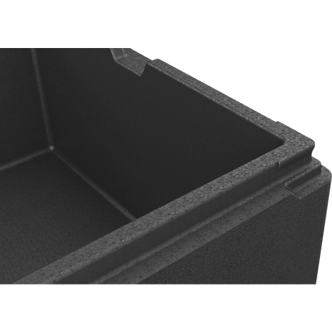 Nahaufnahme der schwarzen Ecke einer Isolierbox aus geschäumtem Kunststoff mit strukturierter Oberfläche.