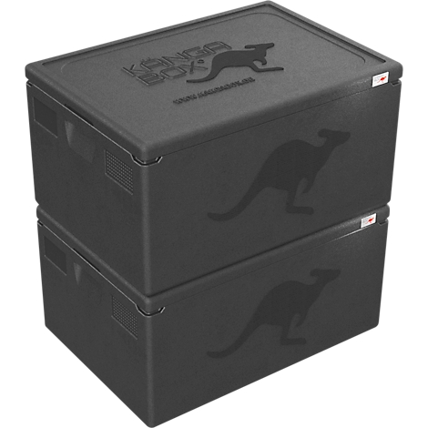 Zwei schwarze, übereinander gestapelte Kangabox-Isolierbehälter aus EPP-Schaum mit Känguru-Logo.