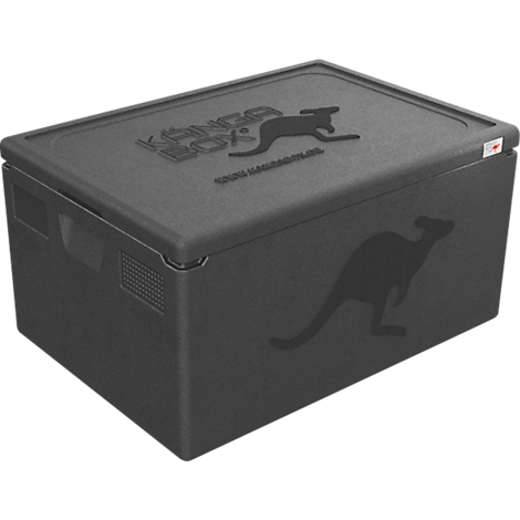 Schwarze isolierte Transportbox Kangabox mit Känguru-Logo auf dem Deckel und der Vorderseite.