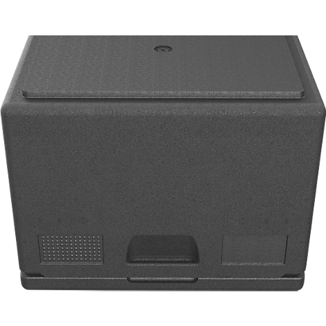 Schwarze Thermobox aus EPP mit glatter Oberfläche und integrierten Tragegriffen.