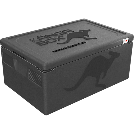 Schwarze isolierte Thermobox der Marke Kängabox mit Känguru-Logo auf Deckel und Seite.