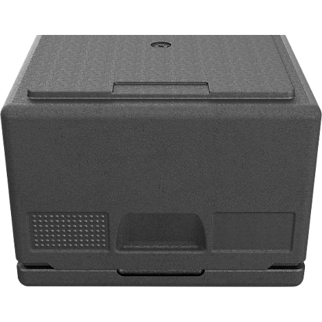 Eine dunkelgraue Isolierbox aus geschäumtem Kunststoff mit glattem Deckel und strukturierter Oberfläche.