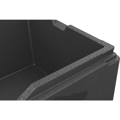 Nahaufnahme der Ecke einer schwarzen Thermobox aus EPP mit strukturierter Oberfläche.