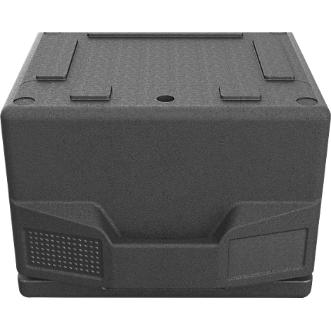 Schwarze Transportbox aus Partikelschaum mit strukturierter Oberfläche und Griffmulden.