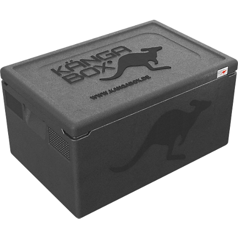 Schwarze Kühlbox mit Känguru-Logo und Schriftzug. Deckel mit Logo, Schriftzug "Kanga Box" und Internetadresse.