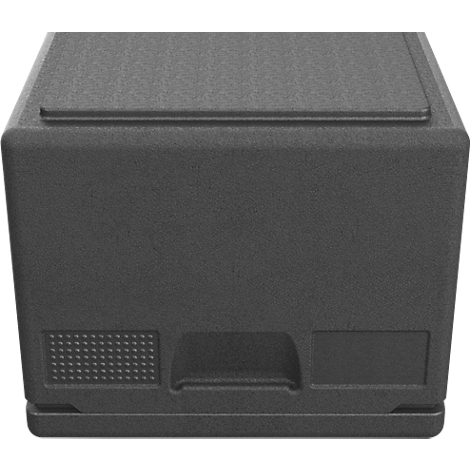 Eine dunkelgraue Isolierbox aus EPP mit glatter Oberfläche und integrierten Griffmulden vor neutralem Hintergrund.