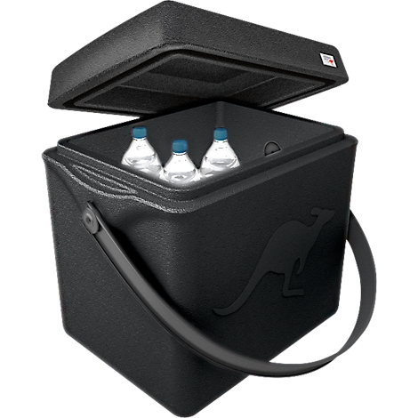 Schwarze Kühlbox mit offenem Deckel, in der drei Wasserflaschen liegen. Der Griff ist sichtbar.