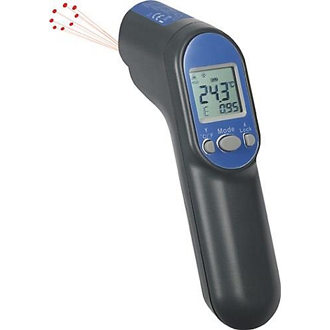 Un thermomètre laser noir avec une poignée bleue affiche 24,3 degrés Celsius. Des points laser rouges rayonnent.