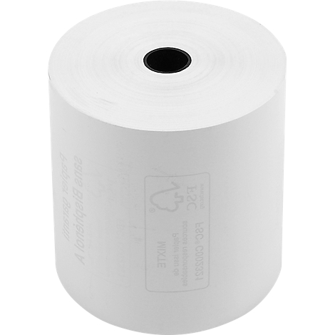 Rolle weißes Thermopapier mit schwarzem Loch in der Mitte. Aufdruck auf der Papierrolle.