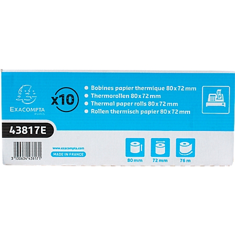 Verpackung mit 10 Thermorollen mit den Maßen 80x72 mm. Aufschrift: Exacompta, 43817E, hergestellt in Frankreich.