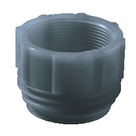 Grey plastic threaded fitting with internal and external threads. Detailed grooves and a hexagonal structure.