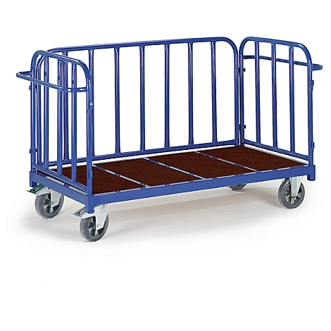 Blue transport trolley with brown loading area and grids. It stands on four wheels. Handle and grids protect the load.