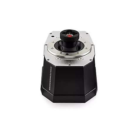 Schwarze Thrustmaster Rennsimulator-Basis mit silberner Montageplatte vor weißem Hintergrund.