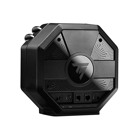 Rückseite einer schwarzen Gaming-Lenkrad-Basis mit Anschlüssen und Markenlogo auf weißem Hintergrund.