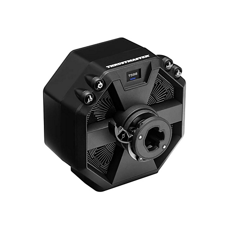Schwarze Thrustmaster T598 Direct-Drive Rennspiel-Basis vor weißem Hintergrund.