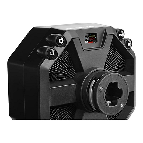 Nahaufnahme der schwarzen Thrustmaster-Radbasis mit Display, Bedienelementen und zentralem Anschluss vor weißem Hintergrund.