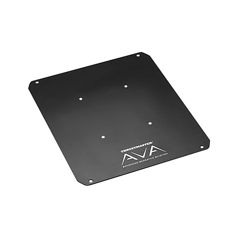 Schwarze Metallmontageplatte mit AVA-Logo von Thrustmaster und mehreren Bohrlöchern auf weißem Hintergrund.