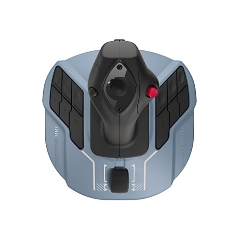 Grauer Gaming-Joystick mit schwarzem Griff, rotem Knopf und Thrustmaster-Logo auf hellem Hintergrund.