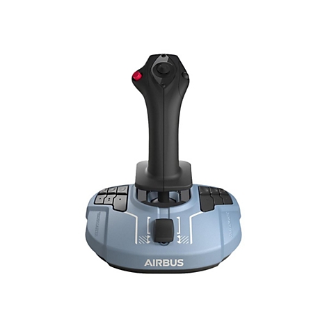 Blauer Airbus-Joystick von Thrustmaster mit schwarzem Griff, roter Taste und weißem Airbus-Schriftzug auf weißem Grund.