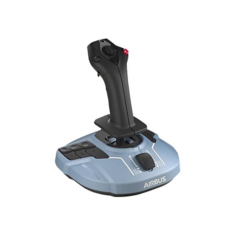 Schwarzer Flight-Stick mit hellblauer Basis, Airbus-Branding und verschiedenen Steuerelementen auf weißem Hintergrund.