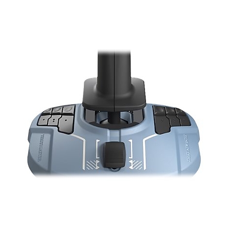 Nahaufnahme der Basis eines hellblauen Thrustmaster Joysticks mit schwarzen Tasten und einem Schieberegler.
